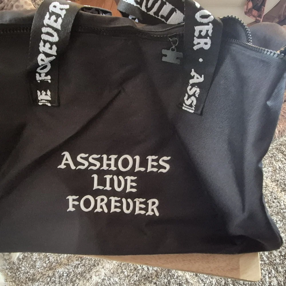 Black Garment Bag Tote with Bold Text